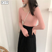 ニット レディース トップス プルオーバー 長袖 Vネック 女性 婦人 リブ 薄手 無地 単色 カラバリ豊富 シンプル かわいい おしゃれ 上品 きれいめ