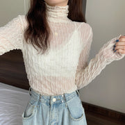 ブラウス 長袖 レディース 女性 トップス タートルネック シースルー シアー 透け感 メロウフリル ストライプ柄 ウェーブ シンプル お洒落 着回し お洒落 きれいめ 婦人服