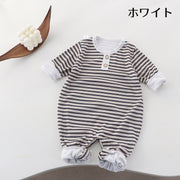 ロンパース カバーオール ベビー服 赤ちゃん 長袖 ボーダー柄 股下ボタン スナップボタン ラウンドネック 乳児 新生児 出産祝い 出産準備 着替えやすい かわいい おしゃれ お出かけ ギフト