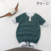 ロンパース カバーオール ベビー服 赤ちゃん 長袖 ボーダー柄 股下ボタン スナップボタン ラウンドネック 乳児 新生児 出産祝い 出産準備 着替えやすい かわいい おしゃれ お出かけ ギフト
