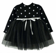 ふんわりチュール切り替えワンピース 長袖 女児 女の子 キッズ キッズ用 子ども 子ども用 ベビー ベビー用 可愛い かわいい リボン 水玉 ドット チュール チュールスカート ホワイト ピンク グレー ブラック 70 80 90 100