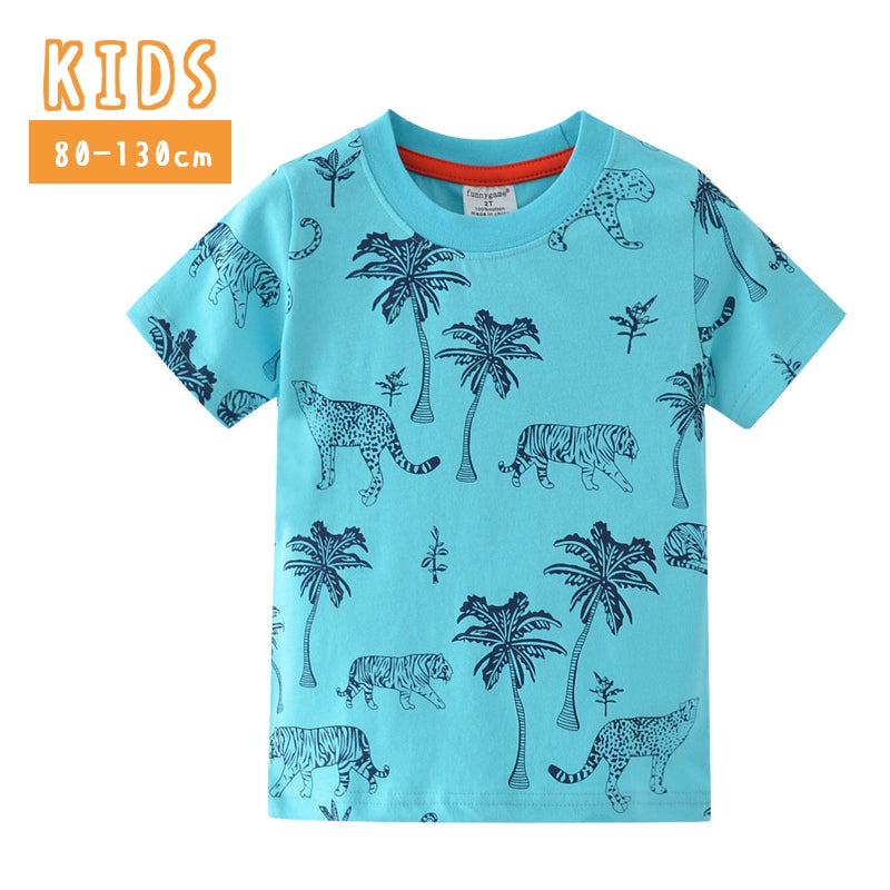 Tシャツ 半袖 80-130cm トップス キッズ 子供服 男女兼用 男の子 女の子 丸首 ラウンドネック 豹 虎 動物 夏服 おしゃれ
