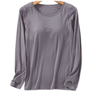 カットソー ブラトップ 長袖 カップ付き ロンT ロングTシャツ レディース 大きいサイズ ラウンドネック 無地 シンプル カップ付きインナー ブラ付き ブラ内臓 カジュアル 肌着 下着 アンダーウェア ブラ不要 ノーブラインナー ラクチン 締め付けない ストレスフリー 春 秋 冬 重ね着 部屋着 ルームウェア