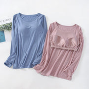 カットソー ブラトップ 長袖 カップ付き ロンT ロングTシャツ レディース 大きいサイズ ラウンドネック 無地 シンプル カップ付きインナー ブラ付き ブラ内臓 カジュアル 肌着 下着 アンダーウェア ブラ不要 ノーブラインナー ラクチン 締め付けない ストレスフリー 春 秋 冬 重ね着 部屋着 ルームウェア