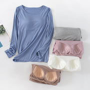 カットソー ブラトップ 長袖 カップ付き ロンT ロングTシャツ レディース 大きいサイズ ラウンドネック 無地 シンプル カップ付きインナー ブラ付き ブラ内臓 カジュアル 肌着 下着 アンダーウェア ブラ不要 ノーブラインナー ラクチン 締め付けない ストレスフリー 春 秋 冬 重ね着 部屋着 ルームウェア