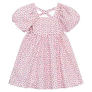 花柄ワンピース キッズ 女の子 子供服 半袖 膝丈 フレア Aライン スクエアネック バルーンスリーブ バックシャン プリント 花柄 可愛い 夏 春 秋 ハイウエスト ボリューム袖 背中あき バックコンシャス