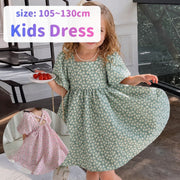 花柄ワンピース キッズ 女の子 子供服 半袖 膝丈 フレア Aライン スクエアネック バルーンスリーブ バックシャン プリント 花柄 可愛い 夏 春 秋 ハイウエスト ボリューム袖 背中あき バックコンシャス