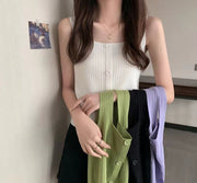 ニット ノースリーブ レディース 女性用 トップス スクエアネック 無地 リブ ボタン カジュアル おしゃれ 可愛い シンプル 単色