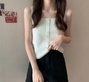 ニット ノースリーブ レディース 女性用 トップス スクエアネック 無地 リブ ボタン カジュアル おしゃれ 可愛い シンプル 単色