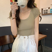 Tシャツ 半袖 レディース 女性 婦人服 トップス Uネック ラウンドネック カットソー 無地 単色 シンプル 定番 カジュアル スリム 大きいサイズ