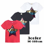 Tシャツ 半袖カットソー 子供服 キッズ ベビー 女の子 男の子 ラウンドネック クルーネック 星 スター スパンコール 色が変わる おしゃれ かっこいい かわいい 男児 女児 通園 通学