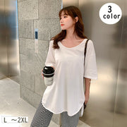 チュニック 半袖 ラウンドネック ゆったり Tシャツ 五分袖 レディース トップス 楽チン オーバーサイズ 長め丈 大きいサイズ 定番 無地 カジュアル シンプル 可愛い おしゃれ 旅行 お出かけ 部屋着