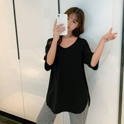 チュニック 半袖 ラウンドネック ゆったり Tシャツ 五分袖 レディース トップス 楽チン オーバーサイズ 長め丈 大きいサイズ 定番 無地 カジュアル シンプル 可愛い おしゃれ 旅行 お出かけ 部屋着