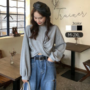 トレーナー トップス レディース 長袖 女性 ラウンドネック 裾変形 絞りデザイン ショート丈 へそ出し 大きサイズ シンプル 無地 ラウンドカット プルオーバー ドロップショルダー ゆったり 大人可愛い カジュアル おしゃれ 普段着 婦人 ゆったり 秋 冬 春 ブラック 黒 グレー ホワイト 白 丸首 クルーネック M L XL 2XL ボリューム袖 ダンス