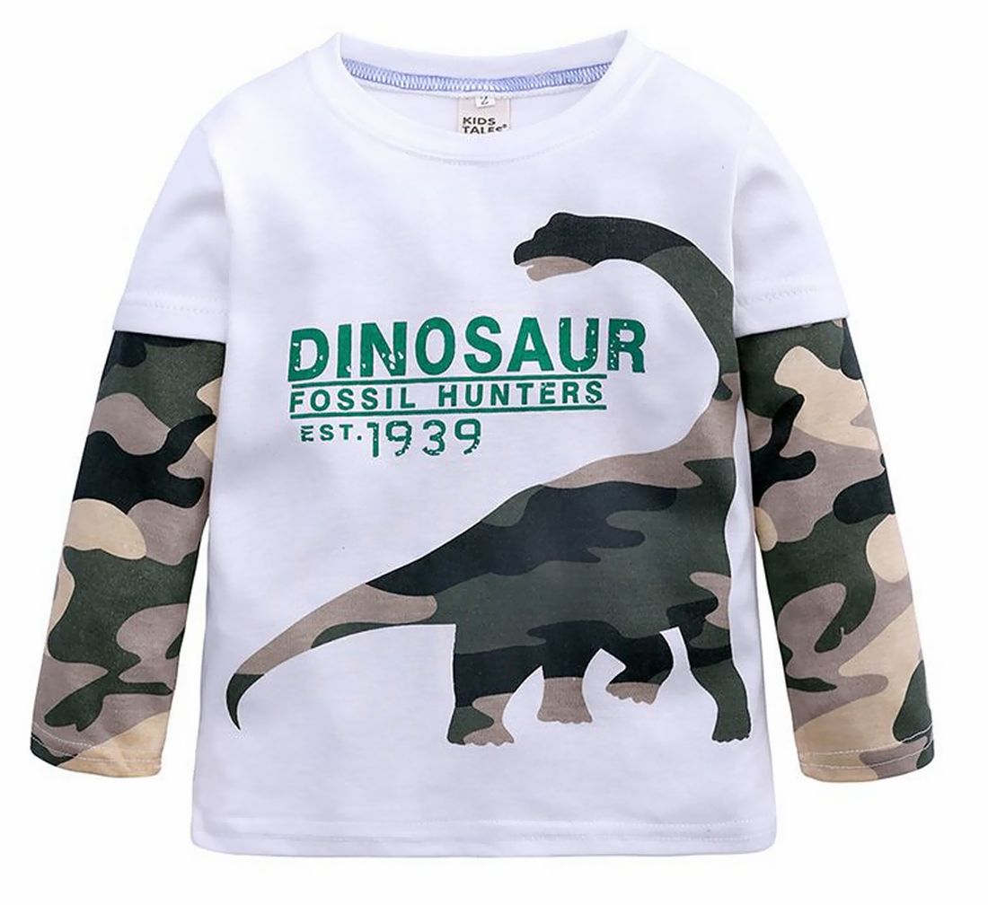長袖Tシャツ カットソー プリントシャツ キッズ 男子 男の子 子供服 フェイクレイヤード 重ね着風 クルーネック 恐竜 迷彩 春 秋 アルファベット ホワイト ブルー
