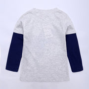 長袖Tシャツ カットソー プリントシャツ キッズ 男子 男の子 子供服 フェイクレイヤード 重ね着風 クルーネック 恐竜 迷彩 春 秋 アルファベット ホワイト ブルー