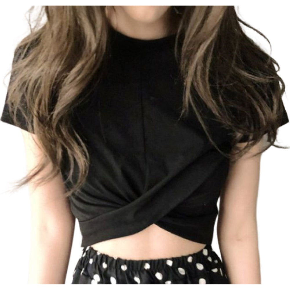 半袖カットソー Tシャツ レディース 婦人服 トップス ラウンドネック フロントクロス ツイスト ねじり ねじれ シャーリング ショート丈 着丈短め 無地 単色 シンプル おしゃれ カジュアル 普段使い お出かけ かわいい 大きいサイズ
