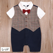 カバーオール ロンパース フォーマル ベビー 赤ちゃん 男の子 ベビー服 子供 キッズ 半袖 蝶ネクタイ チェック柄 格子柄 セットアップ風 重ね着風 スナップボタン ベスト ボタン 紳士風 おしゃれ かわいい かっこいい 結婚式 入園式 定番 お出かけ パーティ イベント 赤 茶