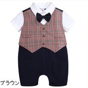 カバーオール ロンパース フォーマル ベビー 赤ちゃん 男の子 ベビー服 子供 キッズ 半袖 蝶ネクタイ チェック柄 格子柄 セットアップ風 重ね着風 スナップボタン ベスト ボタン 紳士風 おしゃれ かわいい かっこいい 結婚式 入園式 定番 お出かけ パーティ イベント 赤 茶