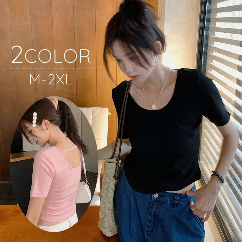 カットソー 半袖 Uネック レディース 女性 婦人服 トップス Tシャツ クロップド バックオープン 無地 単色 シンプル おしゃれ かわいい 大きいサイズ