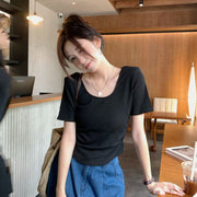 カットソー 半袖 Uネック レディース 女性 婦人服 トップス Tシャツ クロップド バックオープン 無地 単色 シンプル おしゃれ かわいい 大きいサイズ
