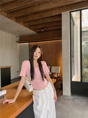 カットソー 半袖 Uネック レディース 女性 婦人服 トップス Tシャツ クロップド バックオープン 無地 単色 シンプル おしゃれ かわいい 大きいサイズ