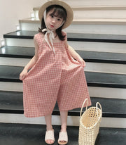 オールインワン つなぎ サロペット キッズ ベビー 子供 女の子 ノースリーブ 袖なし ワイド ロングパンツ 長ズボン ゆったり ゆるシルエット チェック柄 カジュアル おしゃれ かわいい お出かけ 女児 子ども こども 子供服
