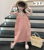 オールインワン つなぎ サロペット キッズ ベビー 子供 女の子 ノースリーブ 袖なし ワイド ロングパンツ 長ズボン ゆったり ゆるシルエット チェック柄 カジュアル おしゃれ かわいい お出かけ 女児 子ども こども 子供服