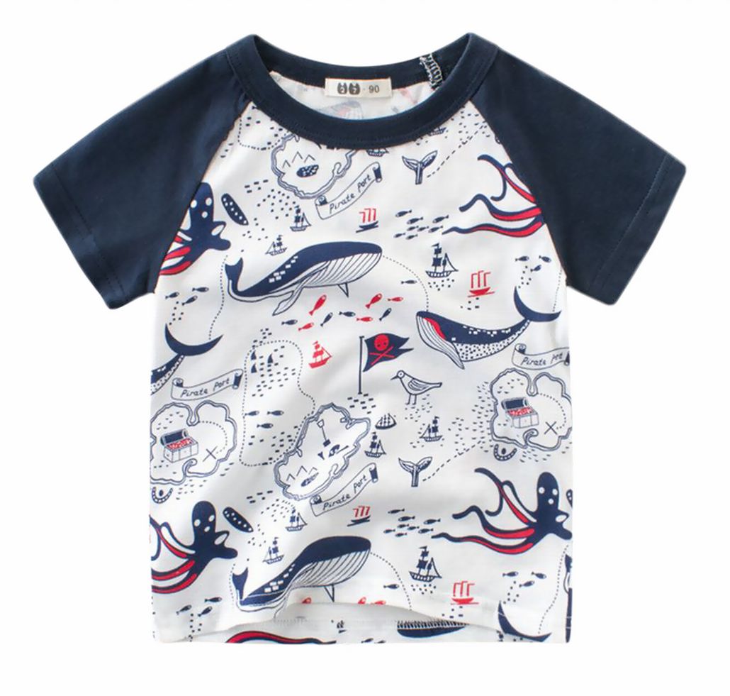 Tシャツ カットソー ラウンドネック 丸襟 丸首 半袖 クルーネック 子供用 キッズ ベビー イラストプリント 海 タコ クジラ 船 女の子 男の子 遊び着 通学 通園 カジュアル