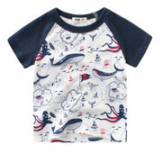 Tシャツ カットソー ラウンドネック 丸襟 丸首 半袖 クルーネック 子供用 キッズ ベビー イラストプリント 海 タコ クジラ 船 女の子 男の子 遊び着 通学 通園 カジュアル
