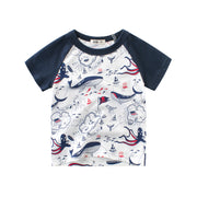 Tシャツ カットソー ラウンドネック 丸襟 丸首 半袖 クルーネック 子供用 キッズ ベビー イラストプリント 海 タコ クジラ 船 女の子 男の子 遊び着 通学 通園 カジュアル