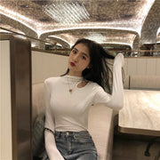 カットソー 長袖 ハイネック レディース 女性 婦人服 カットアウト 薄手 無地 単色 シンプル おしゃれ カジュアル 大きいサイズ