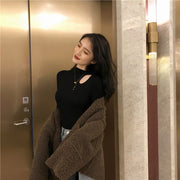 カットソー 長袖 ハイネック レディース 女性 婦人服 カットアウト 薄手 無地 単色 シンプル おしゃれ カジュアル 大きいサイズ