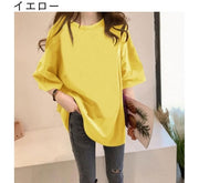 カットソー チュニック Tシャツ 5分袖 レディース 女性 ラウドネック オーバーサイズ ゆったり 無地 単色 シンプル 着回し カジュアル お洒落 婦人服