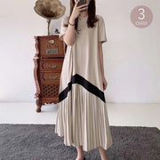 ワンピース レディース 女性用 ロング丈 半袖 Aライン 異素材 切り替え プリーツ 配色 バイカラー ラウンドネック おしゃれ かわいい カジュアル フェミニン こなれ感 普段着 デイリー 丸首 婦人用 ブラック カーキ ブラウン 黒 茶色