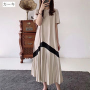 ワンピース レディース 女性用 ロング丈 半袖 Aライン 異素材 切り替え プリーツ 配色 バイカラー ラウンドネック おしゃれ かわいい カジュアル フェミニン こなれ感 普段着 デイリー 丸首 婦人用 ブラック カーキ ブラウン 黒 茶色