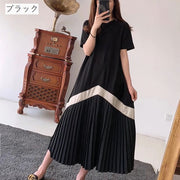 ワンピース レディース 女性用 ロング丈 半袖 Aライン 異素材 切り替え プリーツ 配色 バイカラー ラウンドネック おしゃれ かわいい カジュアル フェミニン こなれ感 普段着 デイリー 丸首 婦人用 ブラック カーキ ブラウン 黒 茶色