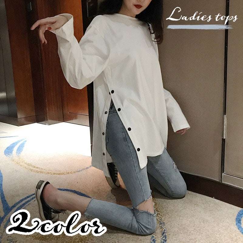 チュニック 長袖 レディース 女性 トップス Tシャツ カットソー サイドスリット ボートネック 飾りボタン 大きいサイズ 無地 単色 おしゃれ かわいい