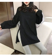 チュニック 長袖 レディース 女性 トップス Tシャツ カットソー サイドスリット ボートネック 飾りボタン 大きいサイズ 無地 単色 おしゃれ かわいい