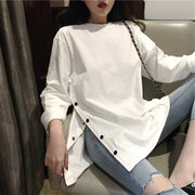 チュニック 長袖 レディース 女性 トップス Tシャツ カットソー サイドスリット ボートネック 飾りボタン 大きいサイズ 無地 単色 おしゃれ かわいい