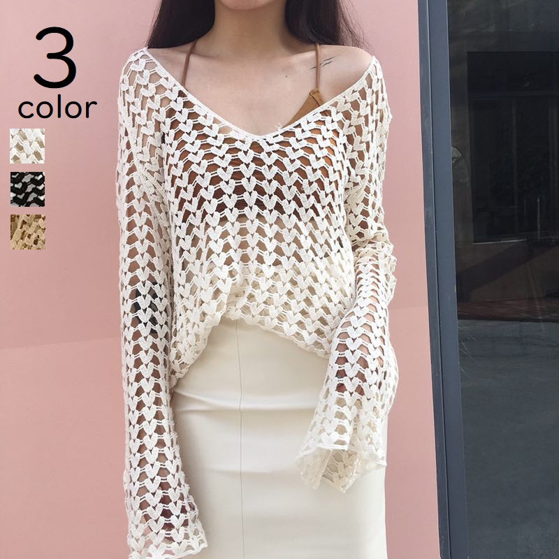 ニット 長袖 セーター レディース 女性 婦人服 トップス プルオーバー Vネック 透かし編み ハート レース 薄手 単色 おしゃれ 上品 きれいめ かわいい ヘビロテ レトロ 体型カバー ゆったり 着回し お出かけ 通勤 オフィス 春 夏 ベージュ 白 黒