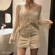 ニット 長袖 セーター レディース 女性 婦人服 トップス プルオーバー Vネック 透かし編み ハート レース 薄手 単色 おしゃれ 上品 きれいめ かわいい ヘビロテ レトロ 体型カバー ゆったり 着回し お出かけ 通勤 オフィス 春 夏 ベージュ 白 黒