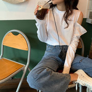 カットソー レディース 女性用 大きいサイズ トップス プルオーバー 肩出し 長袖 ラウンドネック カジュアル シンプル 無地