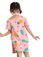 パジャマ ルームウェア 親子ペア 子供用 キッズ ジュニア 女の子 半袖 ラウンドネック 膝上丈 ワンピース ネグリジェ シャツ コットン トップス イラスト 動物 花柄 パイナップル ブタ ウサギ アニマル 子供服 かわいい 100 110 120 130 140 150