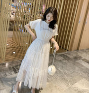 ワンピース 半袖 レディース ミモレ丈 ロング丈 フレア ティアード チュール ドッキング 切り替え カットソー Tシャツ スパンコール 刺繍 無地 ロゴ 英字 カジュアル 女性 婦人 ラウンドネック かわいい おしゃれ お出かけ 星 スター キラキラ 単色 ホワイト グレー ブラック