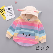 パーカー フーディー 子供服 ベビー キッズ 女の子 赤ちゃん 長袖 耳付き 顔つき フェイス ウサギ うさぎ マルチボーダー おしゃれ かわいい マフポケット フード付き 袖リブ 裾ラウンドカット パステルカラー 幼児 女児