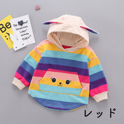 パーカー フーディー 子供服 ベビー キッズ 女の子 赤ちゃん 長袖 耳付き 顔つき フェイス ウサギ うさぎ マルチボーダー おしゃれ かわいい マフポケット フード付き 袖リブ 裾ラウンドカット パステルカラー 幼児 女児