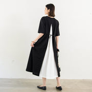 ワンピース ロングワンピース Aライン 5分袖 半袖 レディース 女性 婦人服 ロング丈 クルーネック フェイクレイヤード 重ね着風 切り替え おしゃれ かわいい