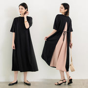 ワンピース ロングワンピース Aライン 5分袖 半袖 レディース 女性 婦人服 ロング丈 クルーネック フェイクレイヤード 重ね着風 切り替え おしゃれ かわいい