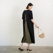 ワンピース ロングワンピース Aライン 5分袖 半袖 レディース 女性 婦人服 ロング丈 クルーネック フェイクレイヤード 重ね着風 切り替え おしゃれ かわいい